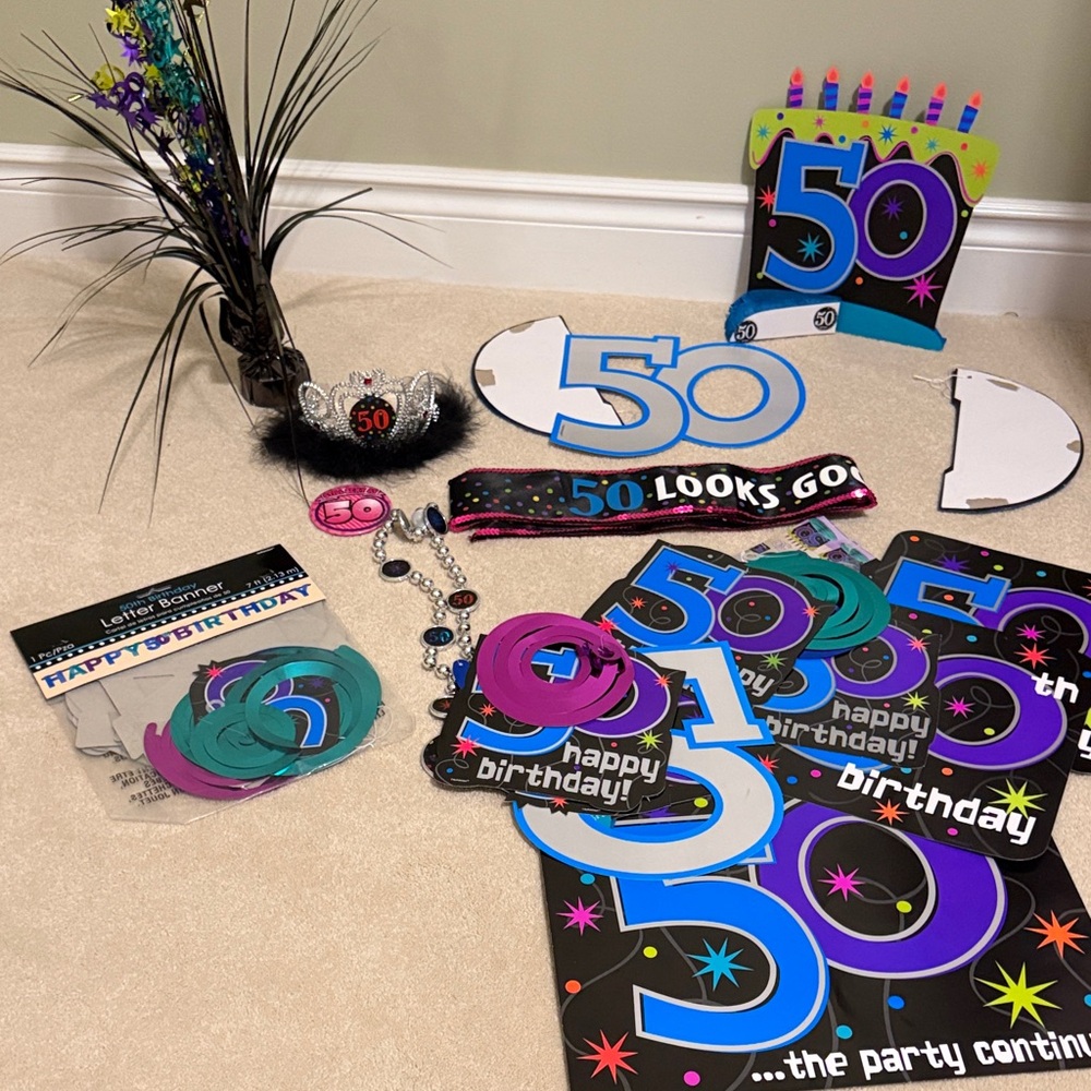 Assorted 50th birthday party decorations